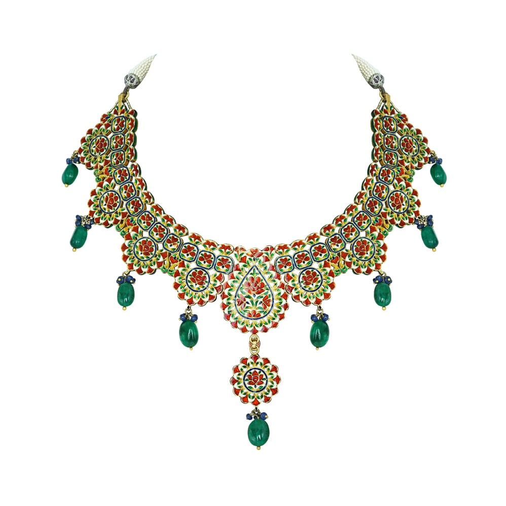 Blue Enamel Polki Necklace with Floral Pendant and Emerald Drops